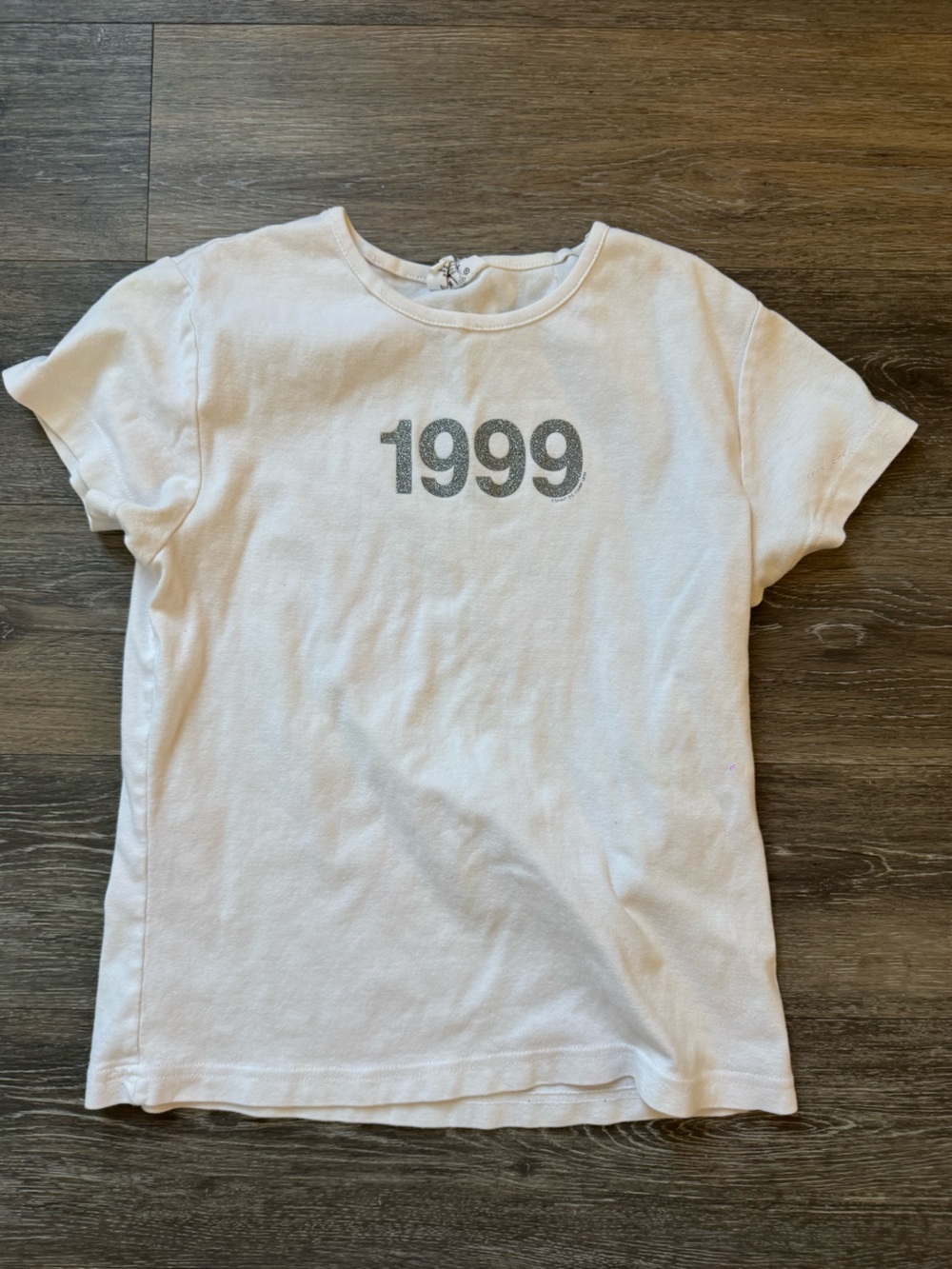 Epic Esprit White baby Tee with Silver '1999' Glitter Graphic